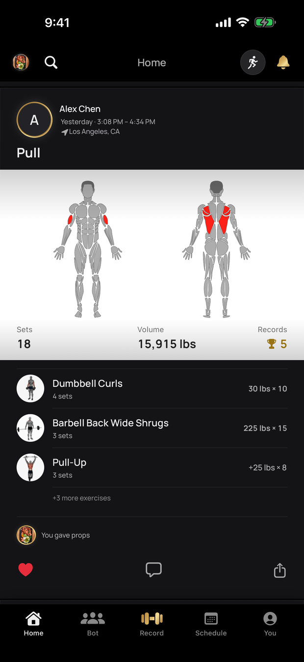 A finished Pull workout in Fyt showing a muscle map with the back highlighted, 18 sets, 15,915 lbs of volume, and 5 records