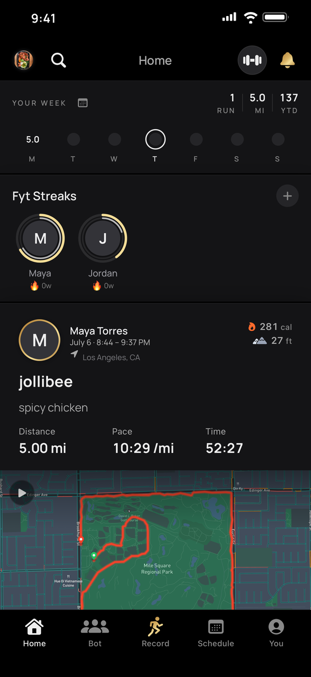 The Fyt home feed showing a five-mile run with its route map, props from friends, and the week's club leaderboard